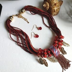 Trendy Red Boho Style Necklace Set